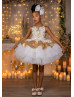 Gold Sequin Ivory Lace V Back Short Flower Girl Dress
